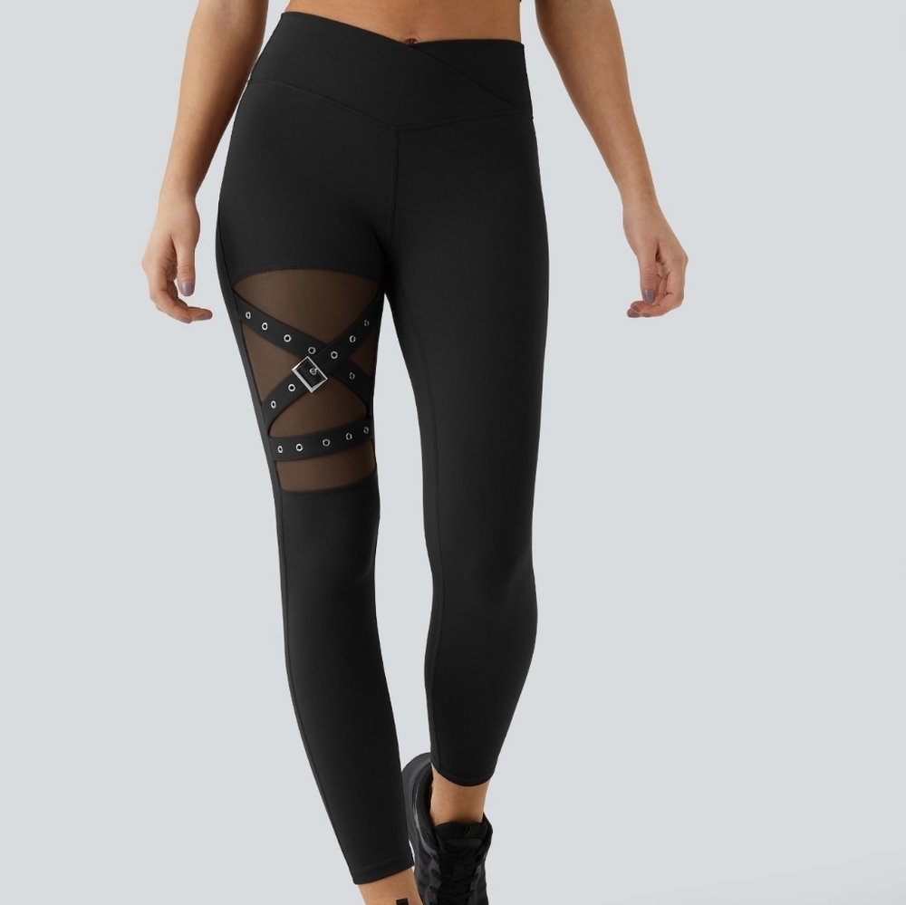 NWT  Halara Athleisure High Stretch Slim Fit Waisted Mesh Black Leggins Sz XL